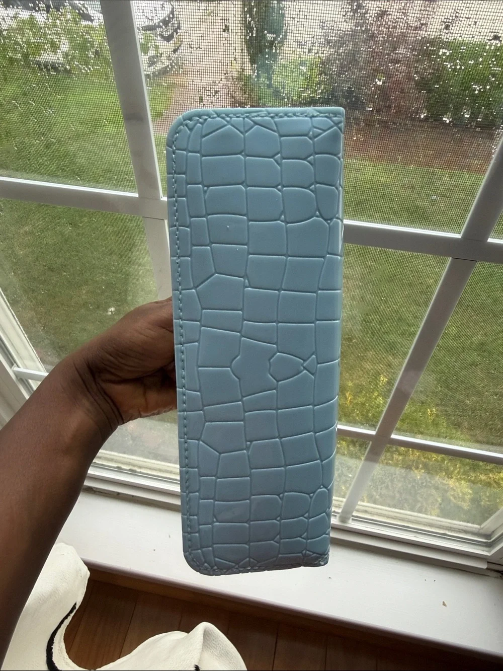 Light Blue Croc-Embossed Top-Handle Cosmetic Case